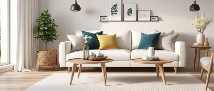 Sala de estar com sofá e almofadas coloridas. No teto, um pendente de cada lado. Destaques para o tapete claro, as mesas de centro e o piso de madeira