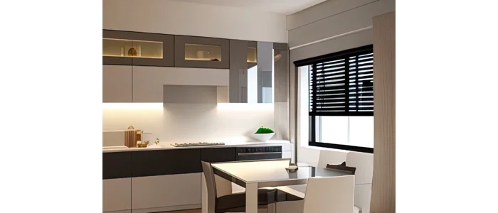 Cozinha com armários planejados (branco, preto e cinza) com mesa para quatro lugares e janela