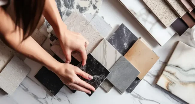 Mulher escolhendo entre os diferentes tipos de mármore