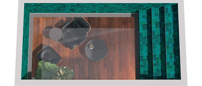 Visão do piso transparente da piscina que mostra a sala de estar com poltrona e vaso