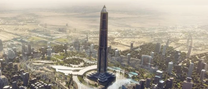 Visão da Nova Capital Administrativa do Egito com o Iconic Tower ao meio