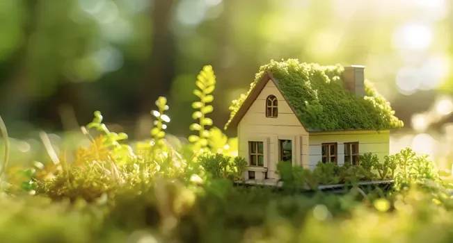 Maquete de casa sustentável sobre um gramado verde