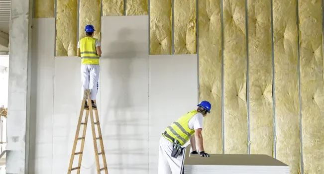 Homens construindo parede de drywall
